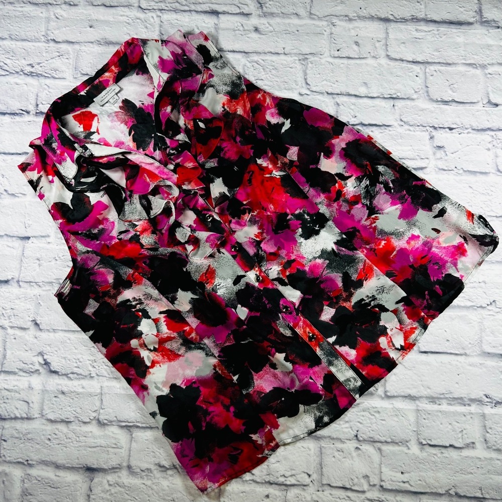 Tahari Arthur S Levine Women 1X Pink Black Floral Ruffle Sheer Sleeveless Blouse